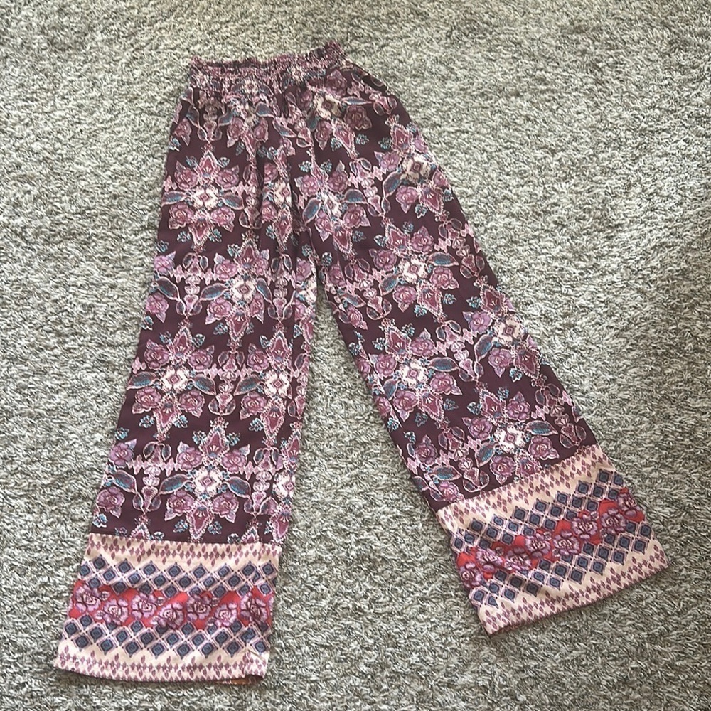 living doll Burgundy Floral Wide-Leg Pants with Border Hem 13 Waist Stetches 16